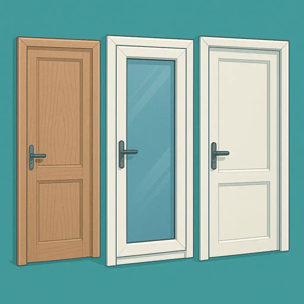 Illustration of three doors against a teal background. From left: a wooden door, a white door with glass, and a plain white door. Each features a black handle.
