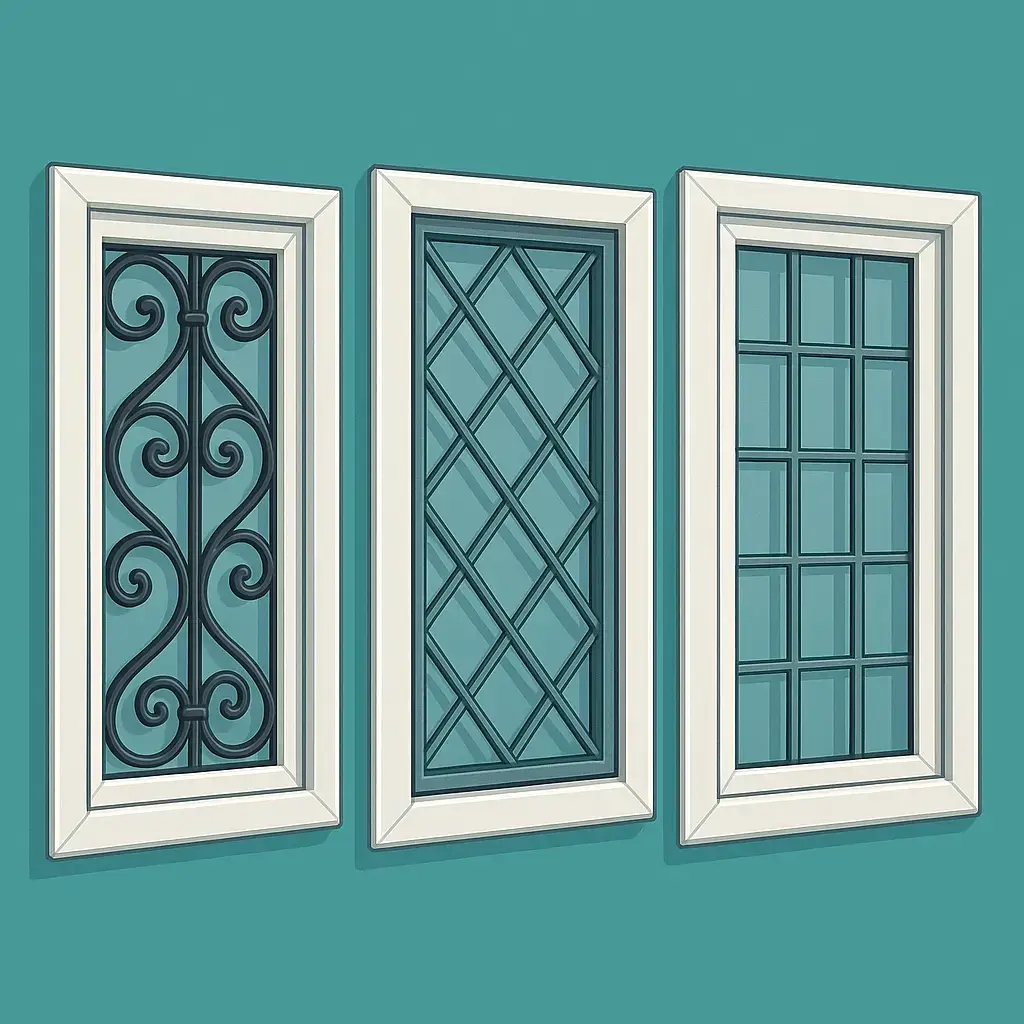Three white-framed windows on a turquoise wall, each with unique grill patterns: ornate swirls, intersecting diagonals, and small rectangles. Clean and modern design.