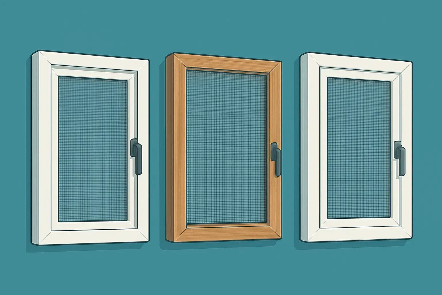 Three framed insect screens are mounted on a teal wall. The left and right frames are white, while the center one is brown. Each has a black handle.