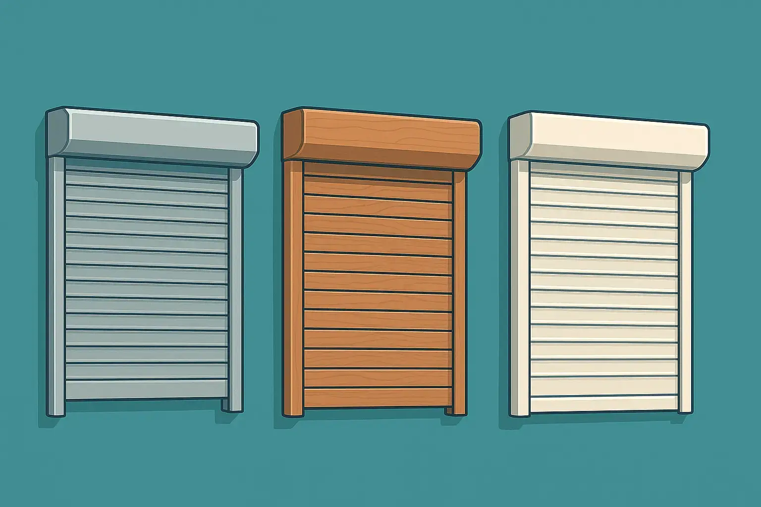 Three roller shutters in a row against a teal background. From left to right, they are silver, brown, and white, each with distinct textures.