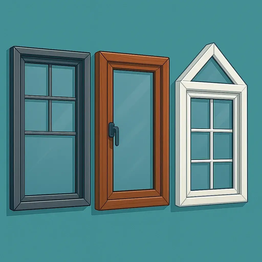Illustration of three window frames: a gray six-pane, a brown single-pane with handle, and a white triangular top six-pane, all on a teal background.