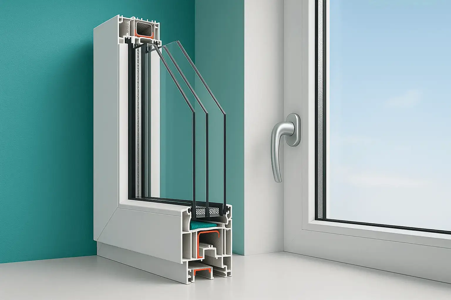 Cross-section of a modern triple-glazed window frame resting against a turquoise wall, showcasing insulation layers and a sleek metallic handle.